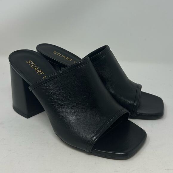Stuart Weitzman Cayman 85 Block Slide Size 8.5 C Wide Heels Black Leather Shoes